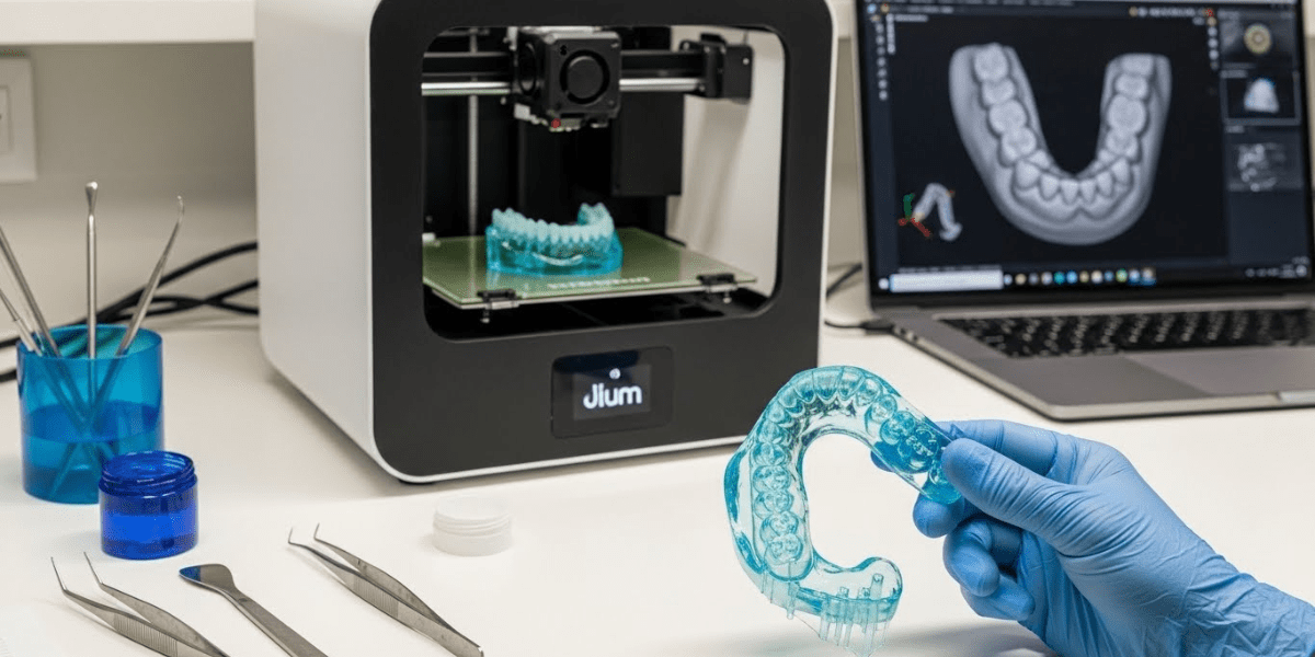 A person wearing blue gloves holds a 3D printer, showcasing the device's intricate design and technology.